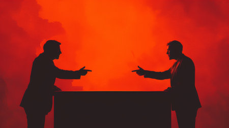 Two men pointing at each other in silhouette against a red background, AIの素材