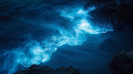 A close up of a blue ocean with waves crashing on the rocks, AIの素材