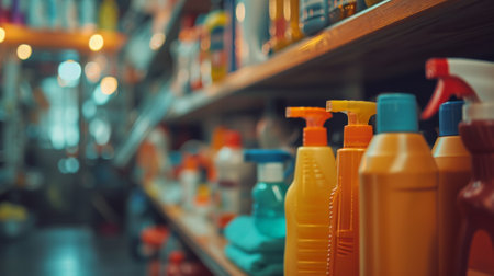 A shelf of cleaning products on a store aisle with shelves, AIの素材