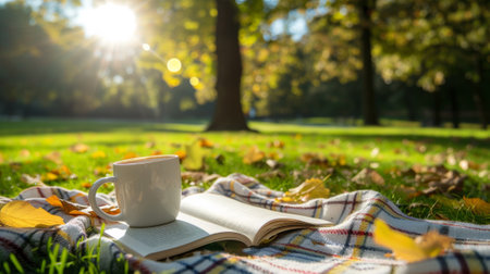 A cup of coffee on a blanket in the park, AIの素材