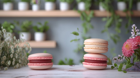 Three macarons stacked on top of each other in front of a potted plant, AIの素材