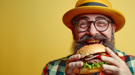 A man in a hat and glasses eating a hamburger, AIの素材