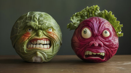 Two angry vegetables with faces made of different colors and textures, AIの素材