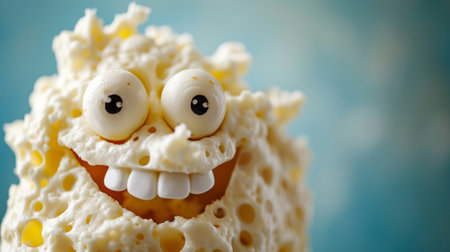 A close up of a cake with eyes and mouth made out of cheese, AIの素材
