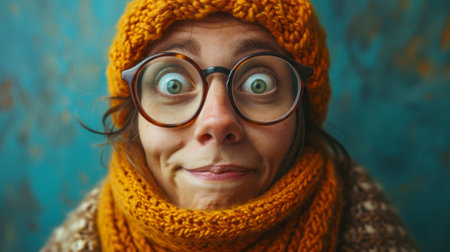 A woman wearing glasses and a knitted hat with her eyes closed, AIの素材