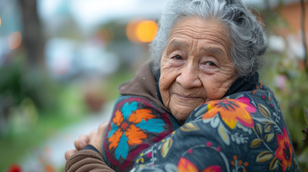 An older woman is wrapped in a blanket and smiling, AIの素材