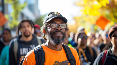 A man with a beard and glasses standing in front of people, AIの素材
