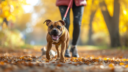 A dog walking on a leash in the fall leaves, AIの素材