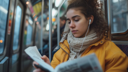 A woman in a yellow jacket reading while listening to music, AIの素材