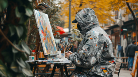 A person sitting at a table with an easel and paints, AIの素材