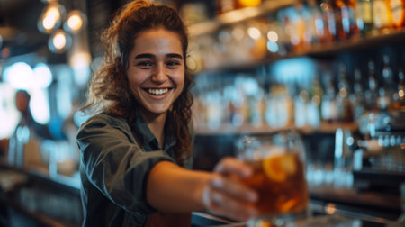 A woman smiling while holding a drink in front of her, AIの素材