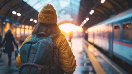 A woman with a backpack standing in front of train, AIの素材