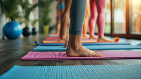 A group of people standing on yoga mats in a room, AIの素材
