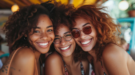 Three women are smiling and posing for a picture together, AIの素材