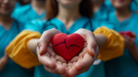 A group of people holding a heart shaped red object with an ekg line, AIの素材