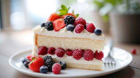 A piece of a slice of cake with berries on top, AIの素材