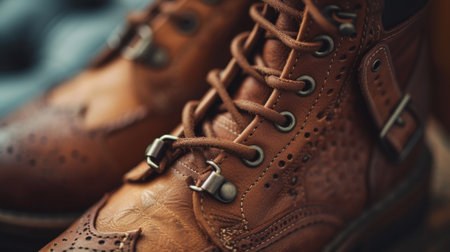 A close up of a pair of brown boots sitting on top of something, AIの素材