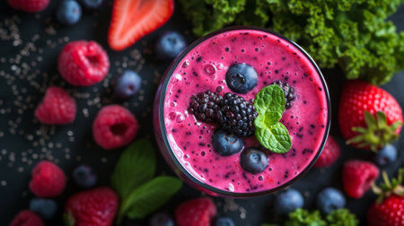 A close up of a smoothie with berries and mint leaves, AIの素材