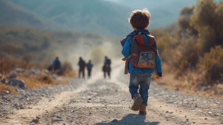 A young boy walking down a dirt road with other people in the background, AIの素材