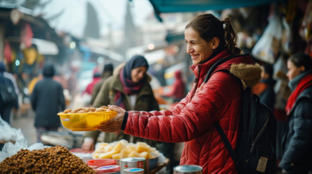A woman in red jacket holding a bowl of food at market, AIの素材