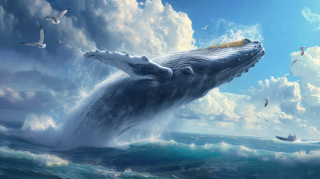 A whale jumping out of the water with seagulls flying around it, AIの素材