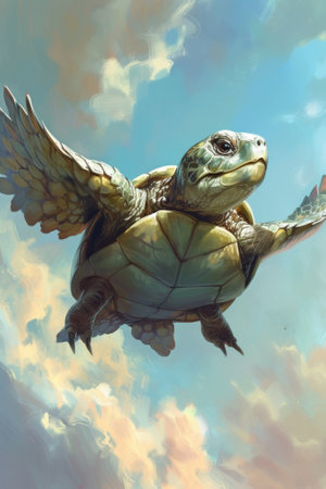 A painting of a turtle flying in the sky with clouds, AIの素材