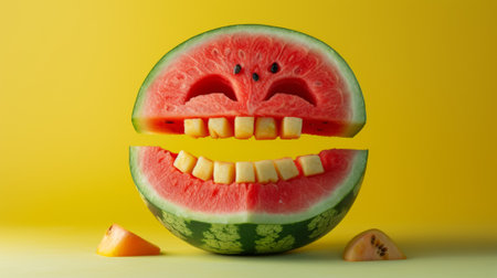 A watermelon with a face carved into it and some slices of fruit, AIの素材