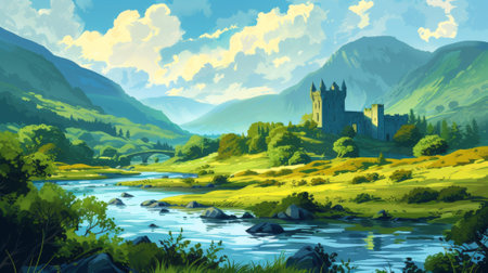 A painting of a castle in the distance surrounded by mountains, AIの素材