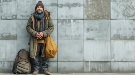 A man standing next to a wall with his backpack, AIの素材