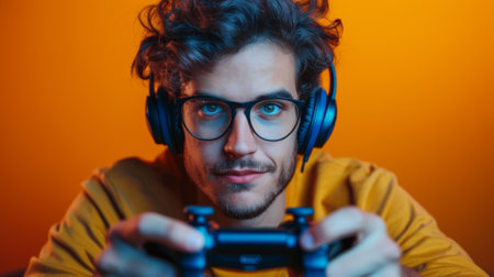 A man with glasses and headphones playing a video game, AIの素材
