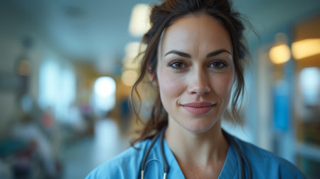 A woman in a blue scrub shirt with her eyes closed, AIの素材
