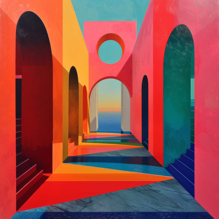 A colorful hallway with a stairway leading to the sky, AIの素材