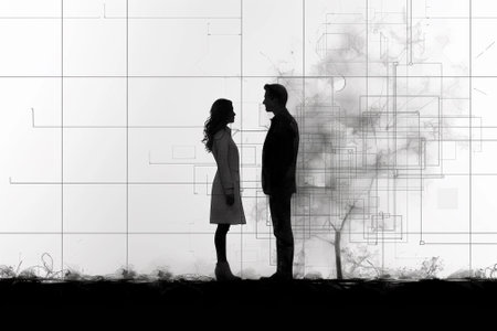 A couple standing in front of a tree with abstract lines, AIの素材