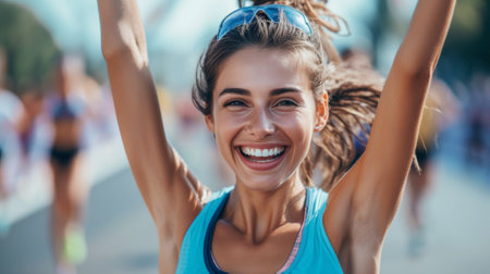 A woman in a blue shirt and sunglasses smiling while running, AIの素材