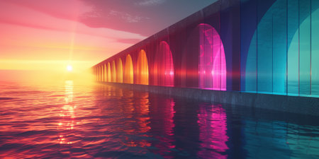 A colorful bridge over water with sunset in background, AIの素材