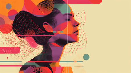 A woman with a colorful background and abstract shapes, AIの素材