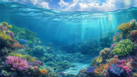 An underwater scene with a coral reef and ocean water, AIの素材
