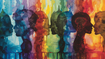 A group of colorful faces with different colored hair and eyes, AIの素材