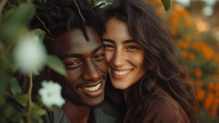 A man and woman smiling for the camera in a garden, AIの素材