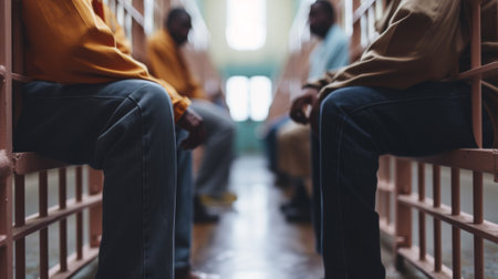 A group of men sitting in a jail cell with bars, AIの素材
