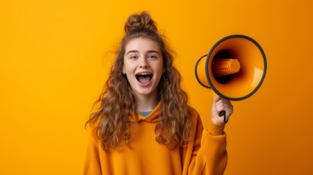 A girl in a yellow sweatshirt holding up her megaphone, AIの素材