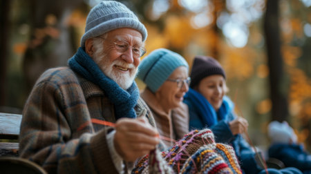 Photo for A group of older people sitting on a bench knitting together, AI - Royalty Free Image