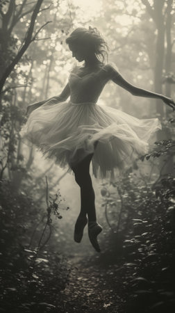 A woman in a white dress jumping through the woods, AIの素材