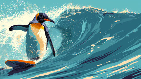 A painting of a penguin surfing on top of an orange surfboard, AIの素材