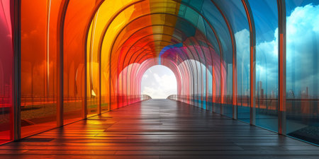 A long walkway with a rainbow colored tunnel in the middle, AIの素材