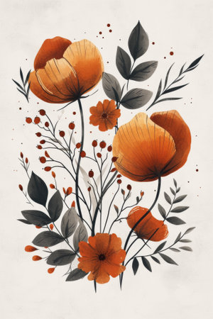 A painting of a flower arrangement with leaves and berries, AIの素材