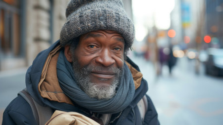 A man with a hat and scarf on the street, AIの素材