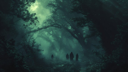 Three people walking through a forest with trees and fog, AIの素材