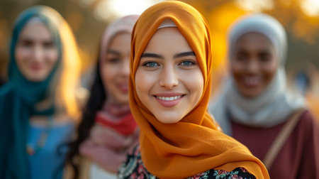 A group of women wearing head scarves and smiling for the camera, AIの素材