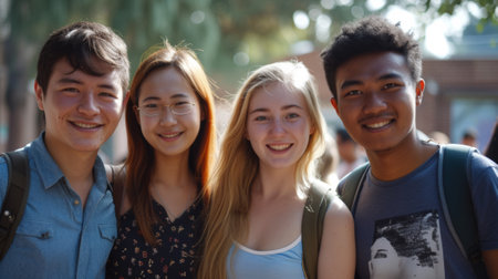 A group of four young people standing together smiling for the camera, AIの素材